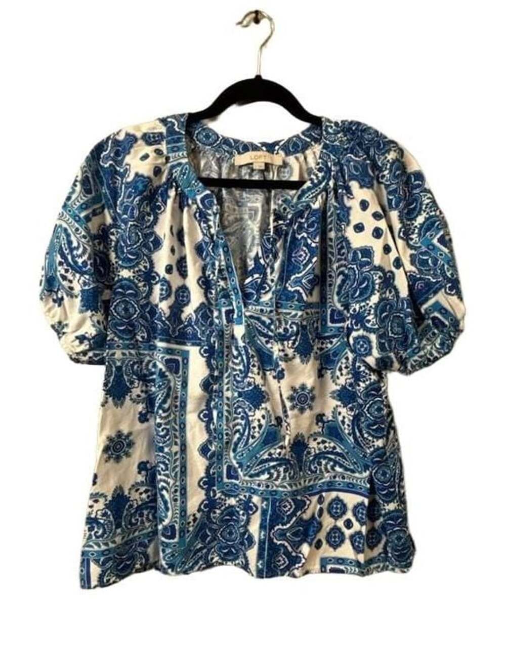 Loft Blouse Size L Blue White Paisley Puff Sleeve Notched Neck